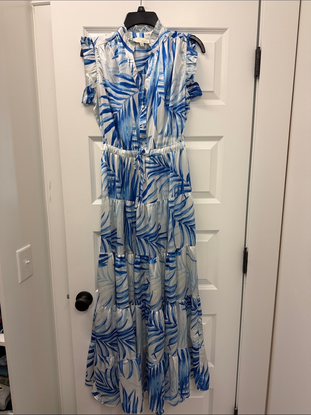 Pinch Blue and White Palm-Print Tiered Maxi Dress